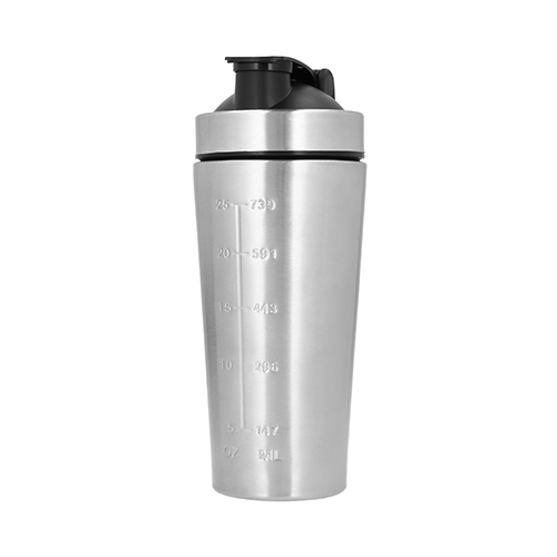 T-93, Shaker de acero inoxidable con medidor, bola mezcladora de acero y tapa enroscable con boquilla. Cap. 750 ml.